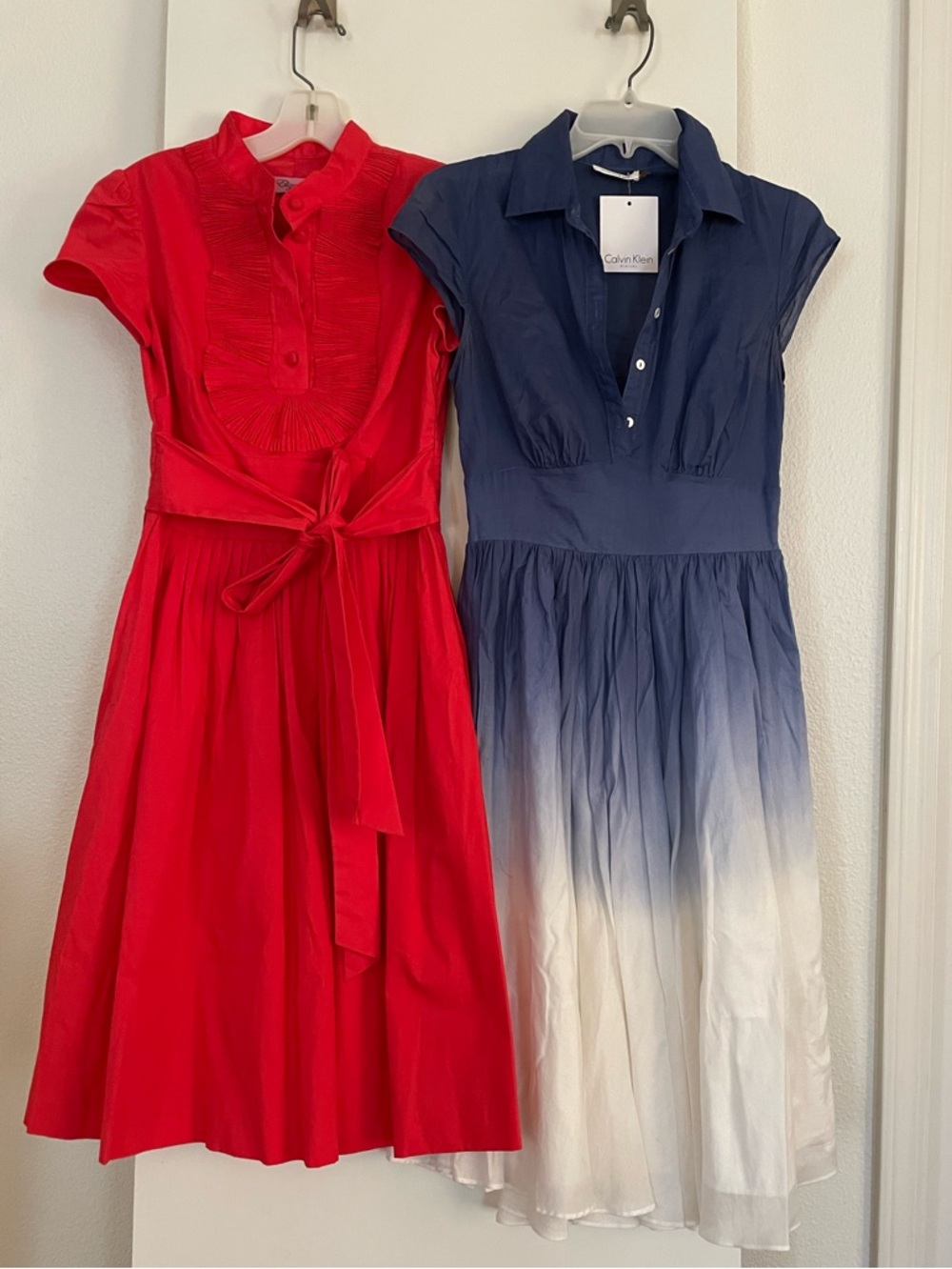 Lot of 2: Cotton Shirt Dresses  A Line Midi  Red/Blue Sz 2 Calvin Klein/Eliza J